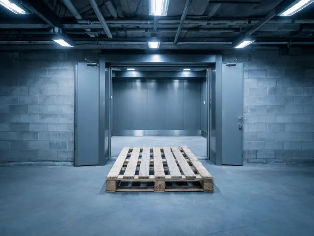 Warehouse freight elevator at a pallet landing