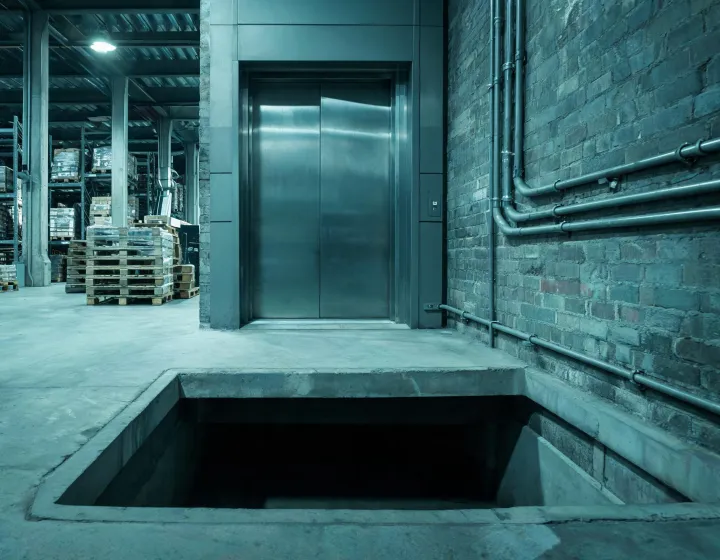Freight elevator car at a warehouse landing, illustration only