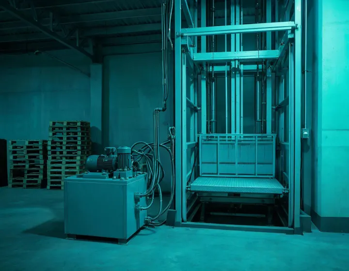 Hydraulic freight elevator power unit beside a shaft, illustration only
