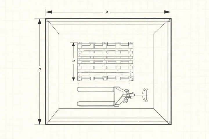 Pallet and jack inside a freight elevator car outline